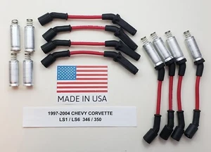 8.5mm CHEVY CORVETTE 97-04 5.7L 346 350 LS1 RED SPARK PLUG WIRES + HEAT SHIELDS - Picture 1 of 2