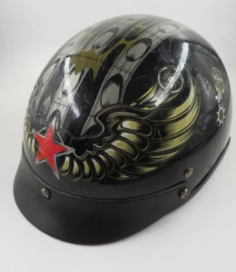V531 FMVSS 218 DOT Motorcycle Black Half Helmet Wings Front Skull Bk Adult Sz XL - Picture 1 of 6