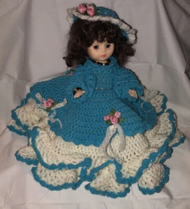 Vintage Handmade Crochet Blue & White Full Ruffled Dress Sleepy Eyes 13" Doll - Picture 1 of 11