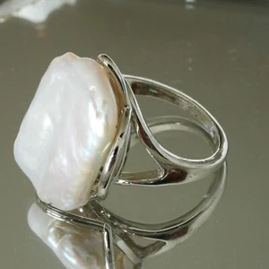 Retangular Pearl Adjustable Ring with 925 Silver, Pearl Ring, Handmade Jewellery - Picture 1 of 7