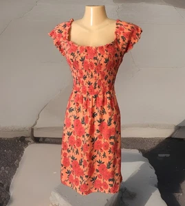 Babydoll Minikleid Tunika Gr. XL gesmokt Flügelärmel pfirsich & orange geblümt - Bild 1 von 12