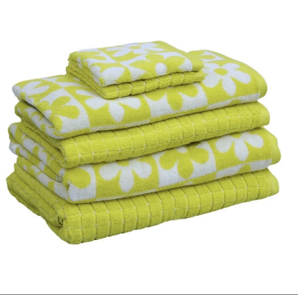 Kapoor Home 6-Piece Bath Towel Set Yellow & White Daisy & Solid Cotton Quick Dry