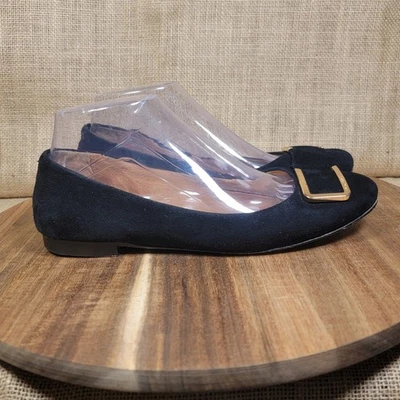 Coach Houston Ballet Flats Black Suede Womens Size 7 Gold Buckle Accent Designer - Image 1 of 4