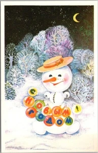 UdSSR Sowjet Russland FROHES NEUES JAHR Postkarte Kinder / Schneemann - 1987 / unbenutzt - Bild 1 von 2