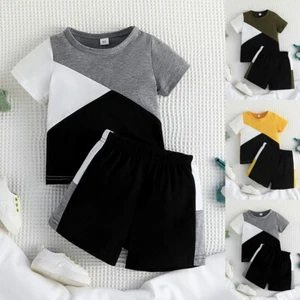 Toddler Baby Boys Colorblock Short Sleeve T Shirt Tops Pants Outfit Set Clothes - Picture 1 of 17
