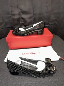 Salvatore Ferragamo Vara Bow Black Sequin Block Heel Ballet Pumps Size 4 - Picture 1 of 7