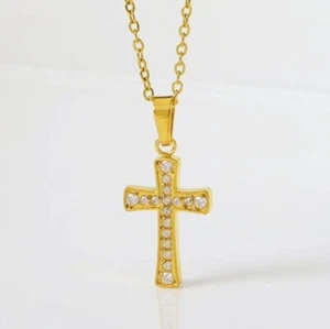Gold Cross Necklace • Stainless Steel • Zircon • 45cm Chain • Holiday Gift Box - Picture 1 of 4