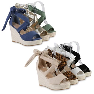 Damen Keilsandaletten Sandaletten Bast Plateau Vorne 841604 Schuhe - Bild 1 von 22