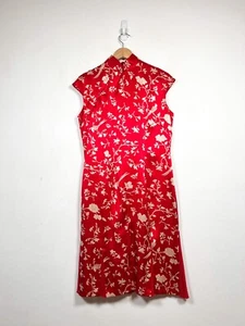 Shanghai Tang Dress Size 14 Red Silk Floral Occasion Evening Mandarin Collar - Picture 1 of 12