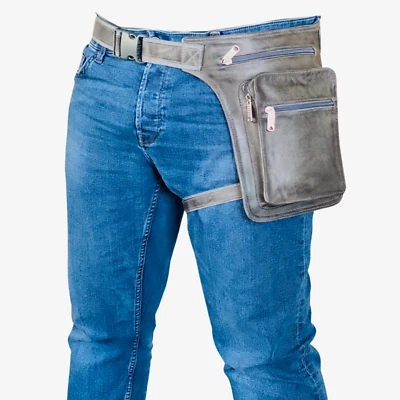 ALBSALES Herren Damen Echtes Leder Tasche Beinbeutel Beintasche Motorrad Beintasche Grau