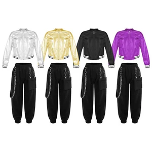 Children Girls Outfit Elastic Waistband Tracksuit Stand Collar Set Metallic - Picture 1 of 36