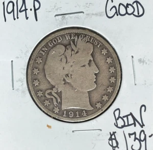 1914-P BARBER SILVER HALF DOLLAR ~ GOOD ~NICE KEY DATE COIN~ - Picture 1 of 2