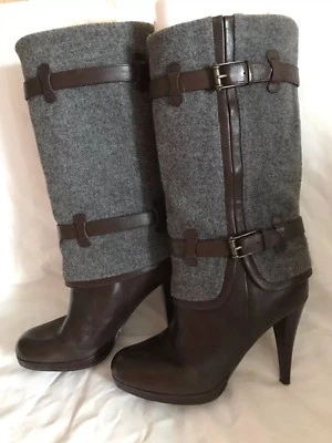 Cole Hahn Air Kennedy 8 1/2 Gris Lana Fieltro Marrón Cuero Tacones Altos Foto 1 de 4