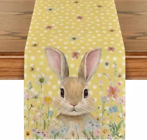 Bunny Rabbit Floral Polka Dot Yellow Happy Easter Table Runner,Seasonal Spring K - Picture 1 of 12