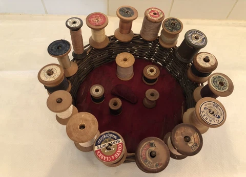 Unique Antique Sewing Basket Caddy Wicker Wooden 21 Thread Spools Cover