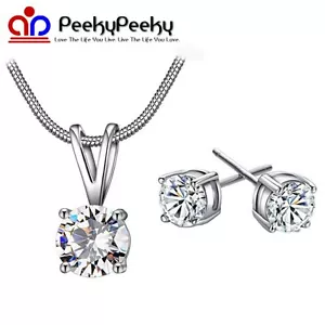 7 Colors Silver Plated Women's Fashion Necklace Crystal Pendant Stud Earring Set - Picture 1 of 16