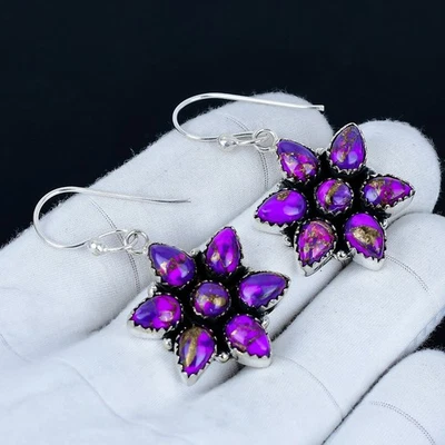 Orecchini In Gemma Turchese Spine Viola In Argento Sterling 925 Per Regali - Immagine 1 di 4