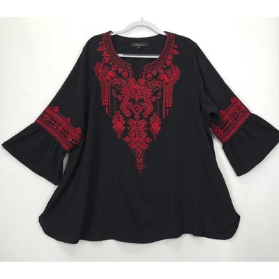Top Campesino Boho Bordado Calessa Mujer 2X Negro Rojo Túnica Manga Campana Foto 1 de 4