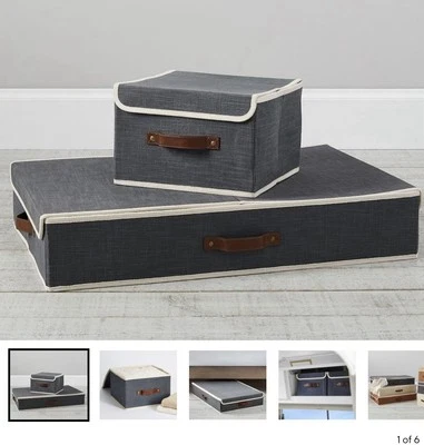 NIB. Airstream / Pottery Barn fabric Storage Box Set with Leather Handles.