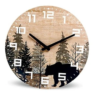 Cabin Bear Wall Clock Silent Non Ticking - 12 Inch Battery Operated Rustic - Picture 1 of 7