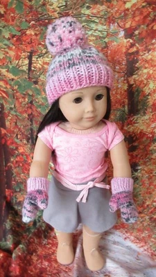 PINK & GREY  HAT &  MITTENS " FITS" 18" DOLL (FITS AMER GIRL) HAND MADE/KNIT Foto 1 de 4