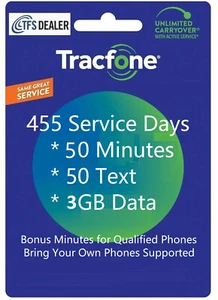 Extensión de servicio TracFone 1 año/455 días+50 minutos/50 textos/3 GB de datos, todos los teléfonos - Imagen 1 de 1