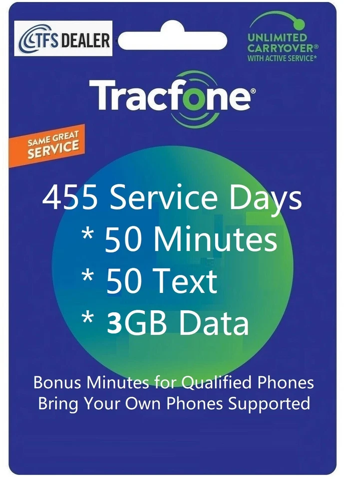 TracFone Service Extension 1 Year/455 Days+50 Mins/50Texts/3GB Data,All Phones - Image 1 of 1