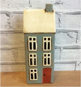 Village Pottery Ceramic Tall Grey House Tealight and Candle Holder Gift - Picture 1 of 5