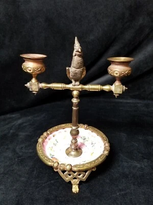 Antigua bandeja de alfileres de bronce con patas con candelabro de cacatúa encaramado ¡RARA! Foto 1 de 4