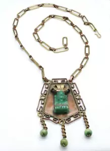 Vintage Statement Carved Malachite Mayan Aztec Warrior Necklace Copper Mexico - Picture 1 of 6