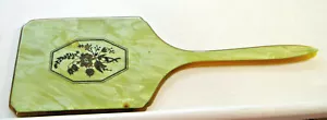 VINTAGE VANITY HAND MIRROR~14"~GREEN WITH FLORAL ACCENT - Picture 1 of 5