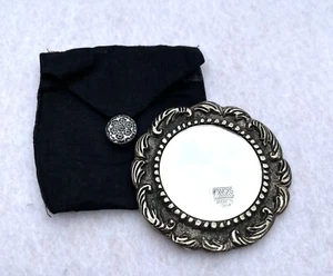 VTG TWO'S COMPANY ANTIQUED BLACK SILVER ROUND 3" MIRROR HANDHELD Flower Scroll - Picture 1 of 7