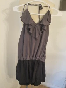 Express Halter Romper Sz S 100% Silk Open Back Ruffles Black Gray - Picture 1 of 7