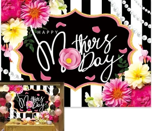 7X5Ft Mother'S Day Backdrop Black White Stripe Happy Mother'S Day Love Best Mom - Picture 1 of 7