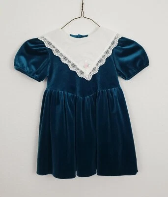 Vintage RARE EDITIONS Little Girls Teal Blue Green Velvet White Lace Dress 4T - Image 1 of 4
