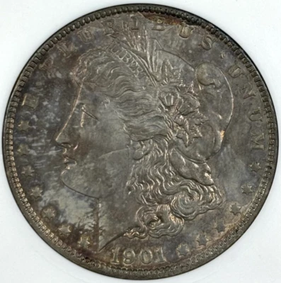 1901-P $1 Morgan Dollar ANACS AU58 Better Date w/ Pleasing Purple & Gold Toning - Image 1 of 4