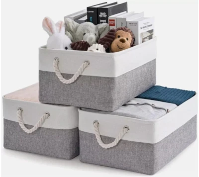 3 Pack Fabric Foldable Storage Baskets with Rope Handles 31x21x16cm White & Grey - Image 1 of 4