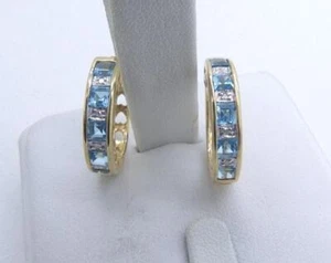 14k Yellow Gold Topaz & Diamond Huggie Hoop Earrings Unique Hearts 3/4" Inch - Picture 1 of 10