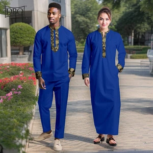 African Couple Clothing Patchwork Women Robe Men's Shirt+ Pants 2 Pieces Set - Picture 1 of 18