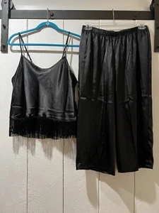 New NWT linea donatella satin pajama set Black Fringe Camisole Cropped Pants M - Picture 1 of 12