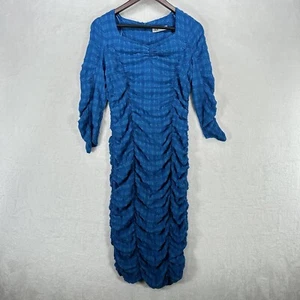Zara Dress Womens Large Blue Ruched Bodycon Midi Blogger Lightweight Textured - Picture 1 of 11