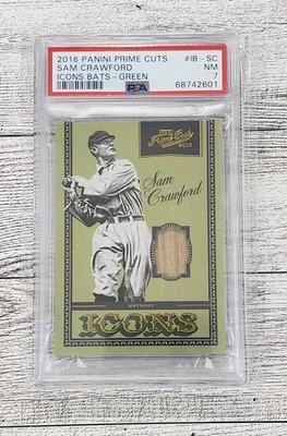 #/5 Sam Crawford Relic ▪ 2016 Prime Cuts  Icons Bats GREEN Parallel  IB-SC PSA 7 - Image 1 of 4