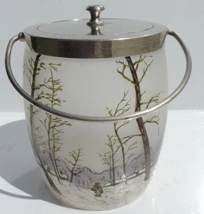 ✅ LEGRAS Ancien seau à biscuit en verre décor hivernal peint émaillé - Picture 1 of 9