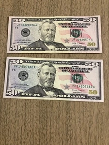 2-(50 dollar bill) Fancy Serial Number, Scattered/broken ladder,all Different #s - Picture 1 of 6