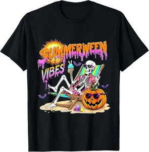 Summerween Vibes Skeleton Pumpkin Spooky Vacation T-Shirt - Picture 1 of 16