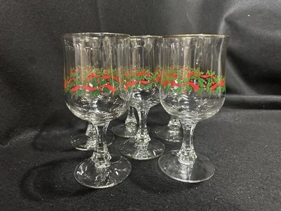 Set of 6 LIBBEY Stem Drinking Glass Water/Wine Goblets Holly Pattern Gold Trim - Image 1 of 4