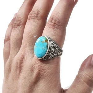 NATURAL ARIZONA TURQUOISE DECEMBER  BIRTH 925 STERLING SILVER HEAVY MENS RING - Picture 1 of 9