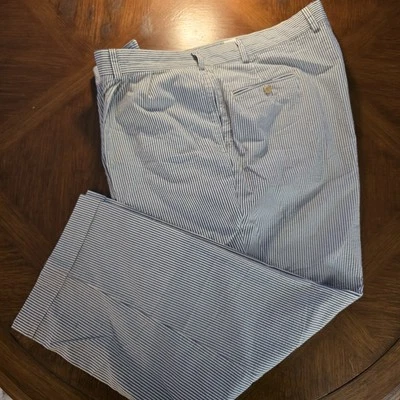 Bills Khakis sz 44 blue white striped cotton seersucker pleated front pants - Image 1 of 4