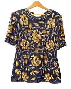 VTG Laurence Kazar WOMENS SMALL PRE-OWNED Black/Gold Silk Hand Beaded/Sequin Top - Picture 1 of 15