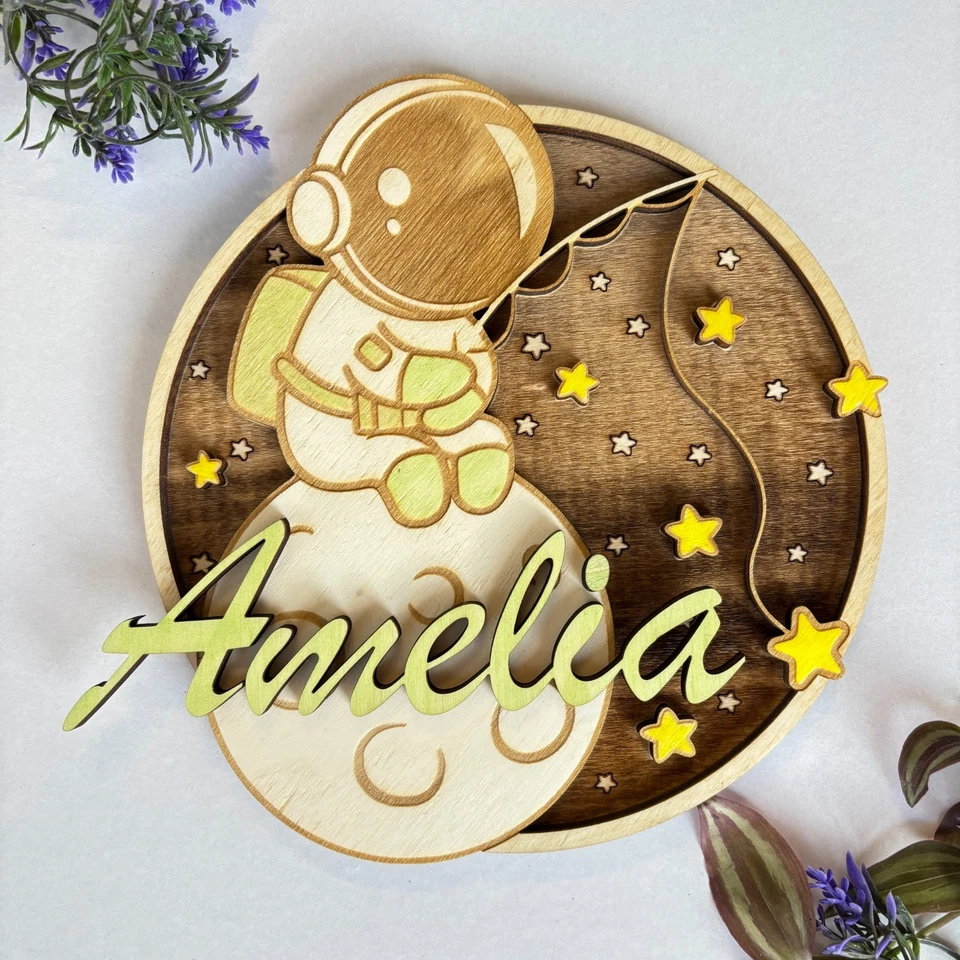 Letrero de madera para guardería de astronauta - Placa de habitación de bebé pintada a mano con temática de pescador Foto 1 de 4